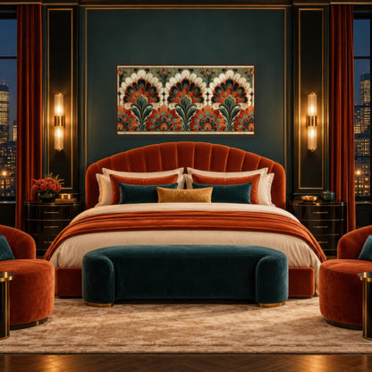 Rust & Teal Fan Motif art deco wall art in a bedroom