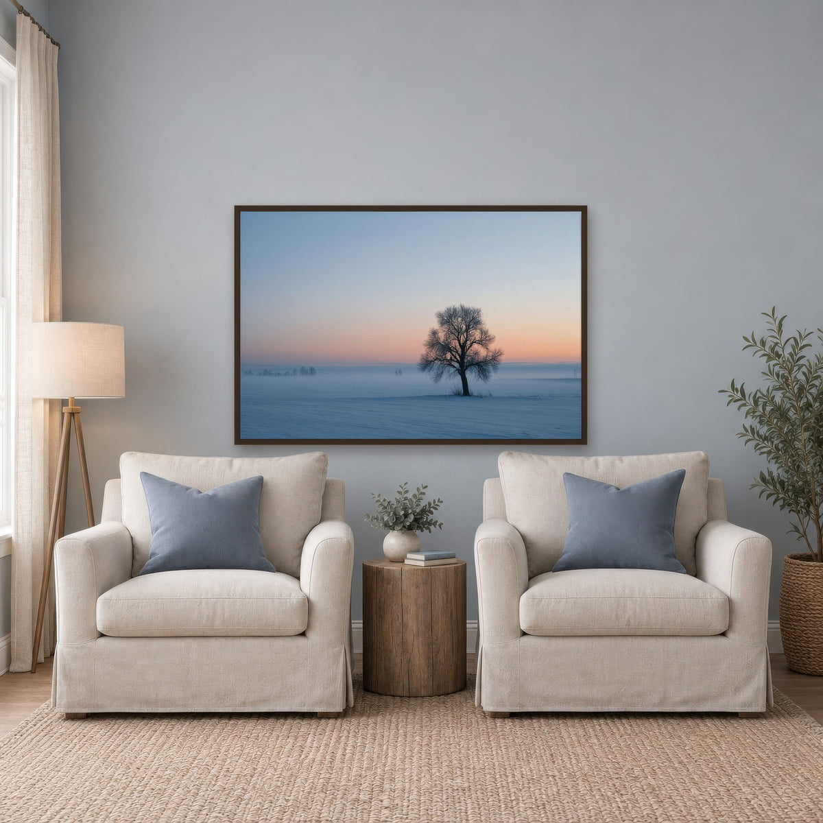 Lone Tree in Snowy Field scandinavian wall art in a den