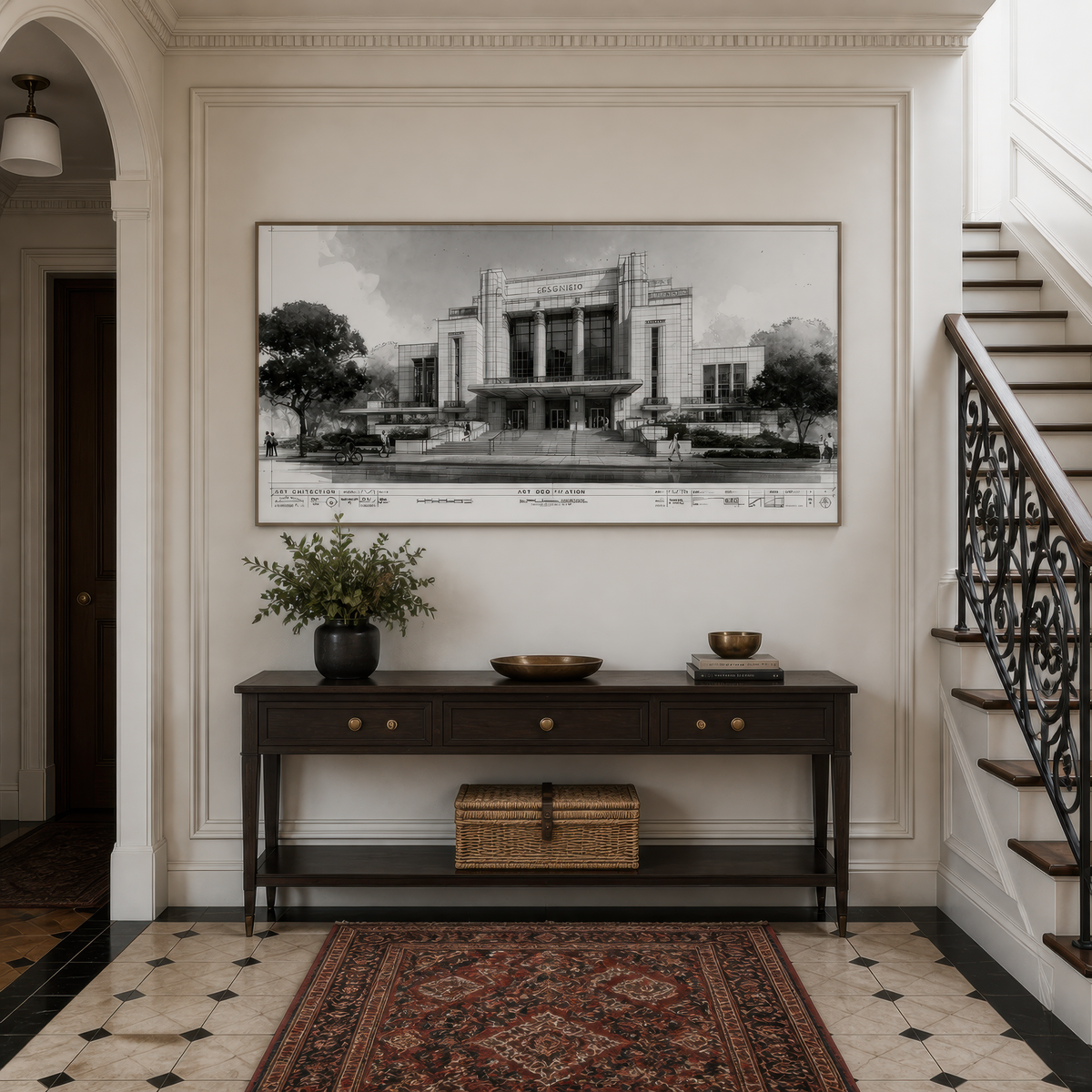 Deco facade blueprint above a dark wood console in an entryway with a red Persian rug