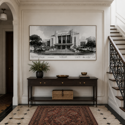 Deco facade blueprint above a dark wood console in an entryway with a red Persian rug
