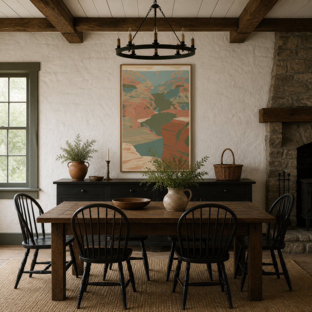 Canyon rim ledge poster above a dark console with a dining table and a stone fireplace