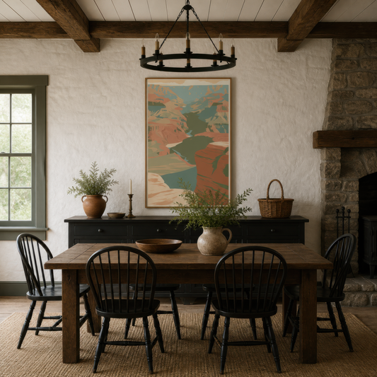 Canyon rim ledge poster above a dark console with a dining table and a stone fireplace