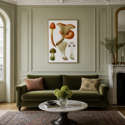 Antique Wild Mushroom Illustration wall art print, alternate room view