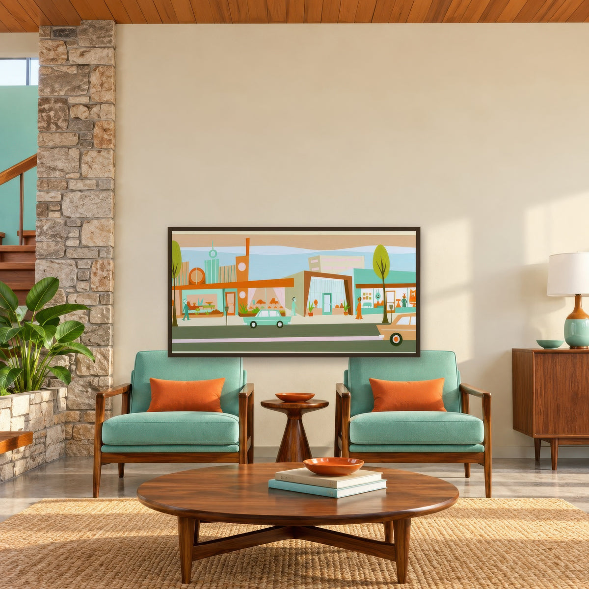 Retro Storefronts with Tall Sign Pylons mid-century modern wall art in a den