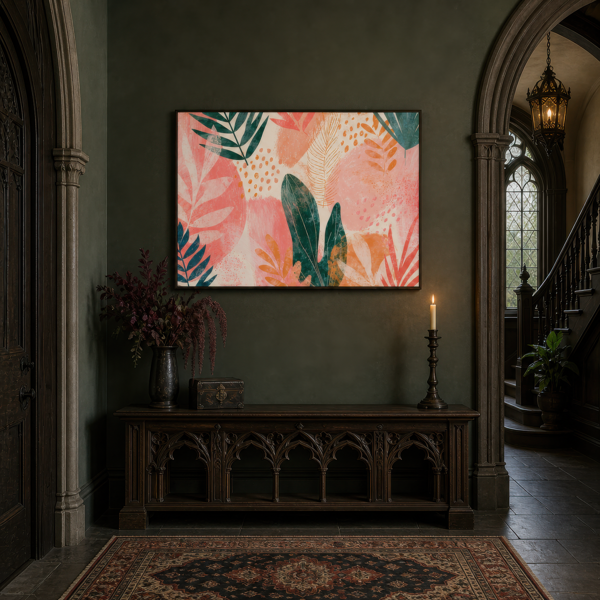 Tropical leaves at sunset artwork above a carved console in a dark green Gothic hallway