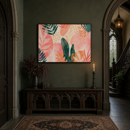 Tropical leaves at sunset artwork above a carved console in a dark green Gothic hallway