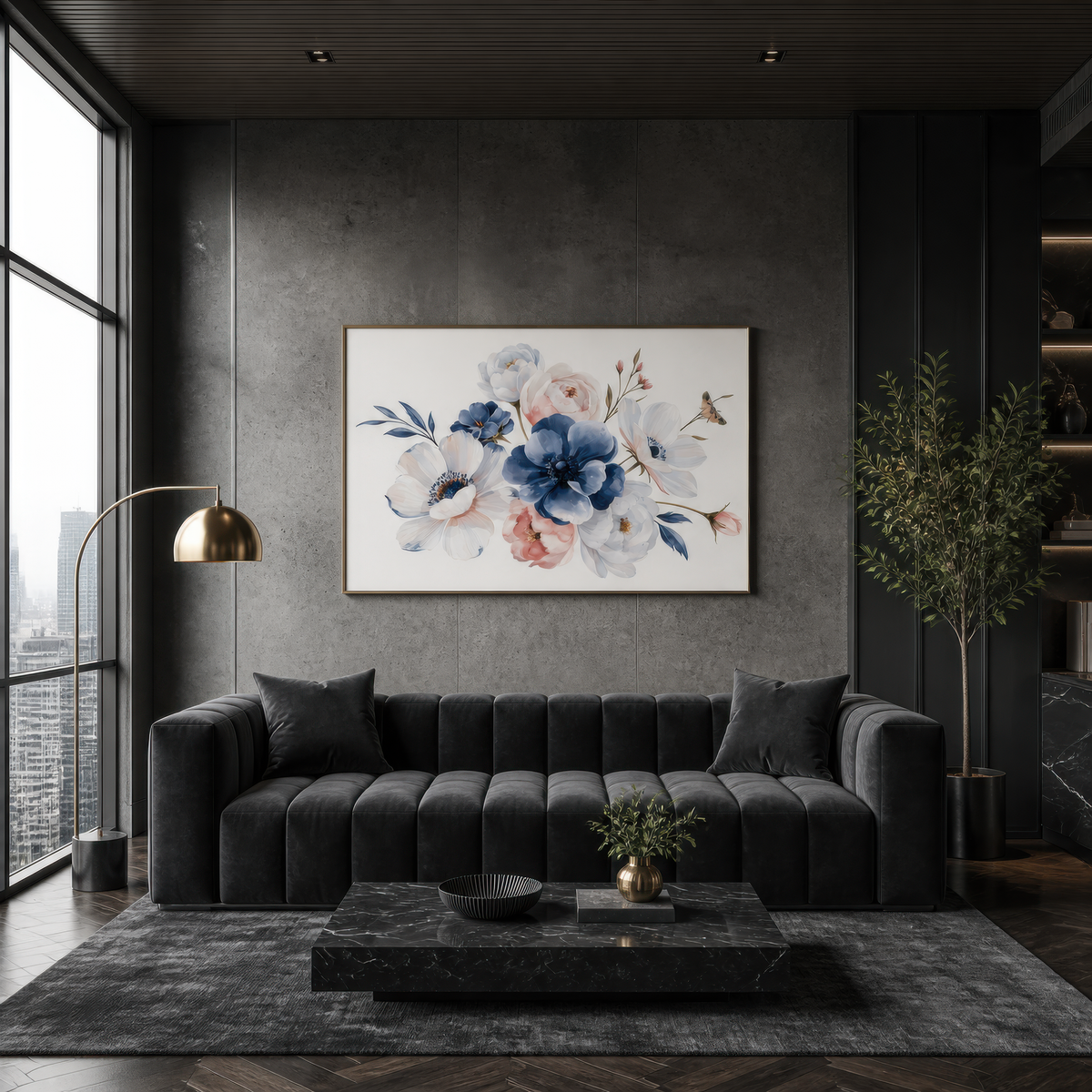 Blue Anemone Bouquet wall art print, alternate room view