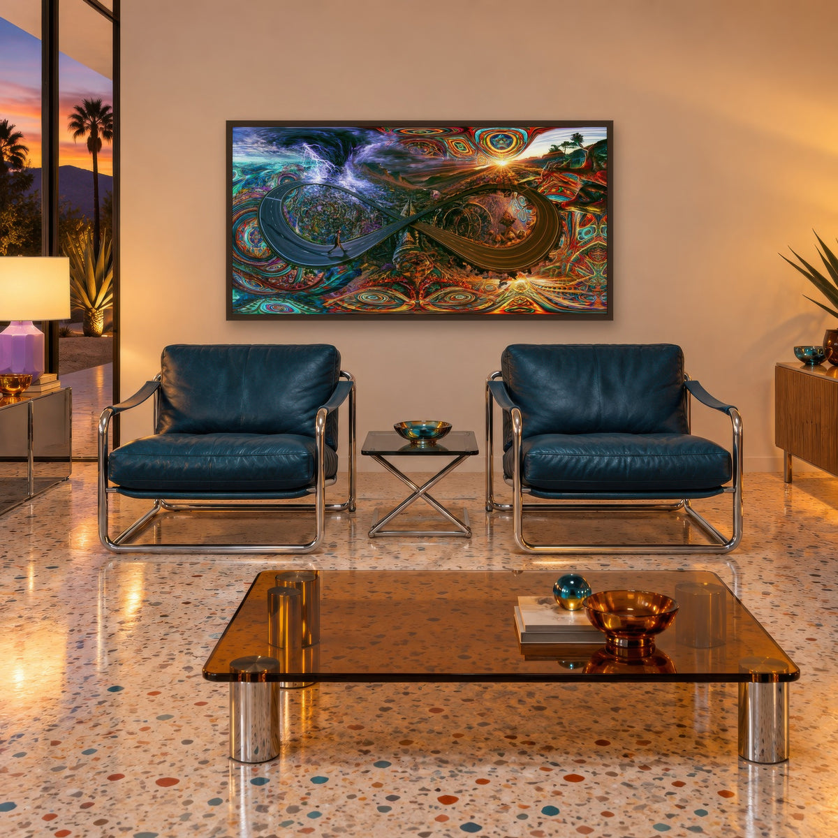 Storm to Sunset Infinity Road psychedelic wall art in a den