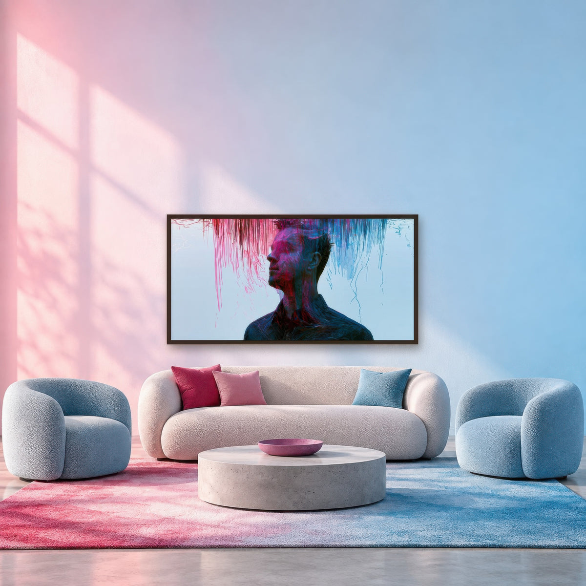 Color Drip Profile in Pink and Teal abstract portrait wall art in a den