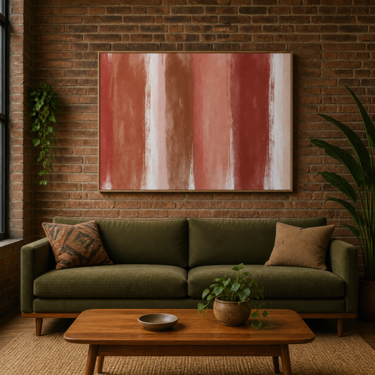 Terracotta brush stripe artwork above an olive sofa on an exposed brick wall