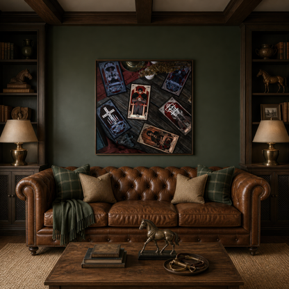 Gothic Tarot Cards on a Wood Table wall art print staged in a room