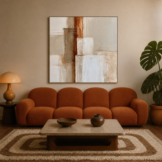 Square rust and white abstract artwork above a rust scalloped sofa in a warm living room