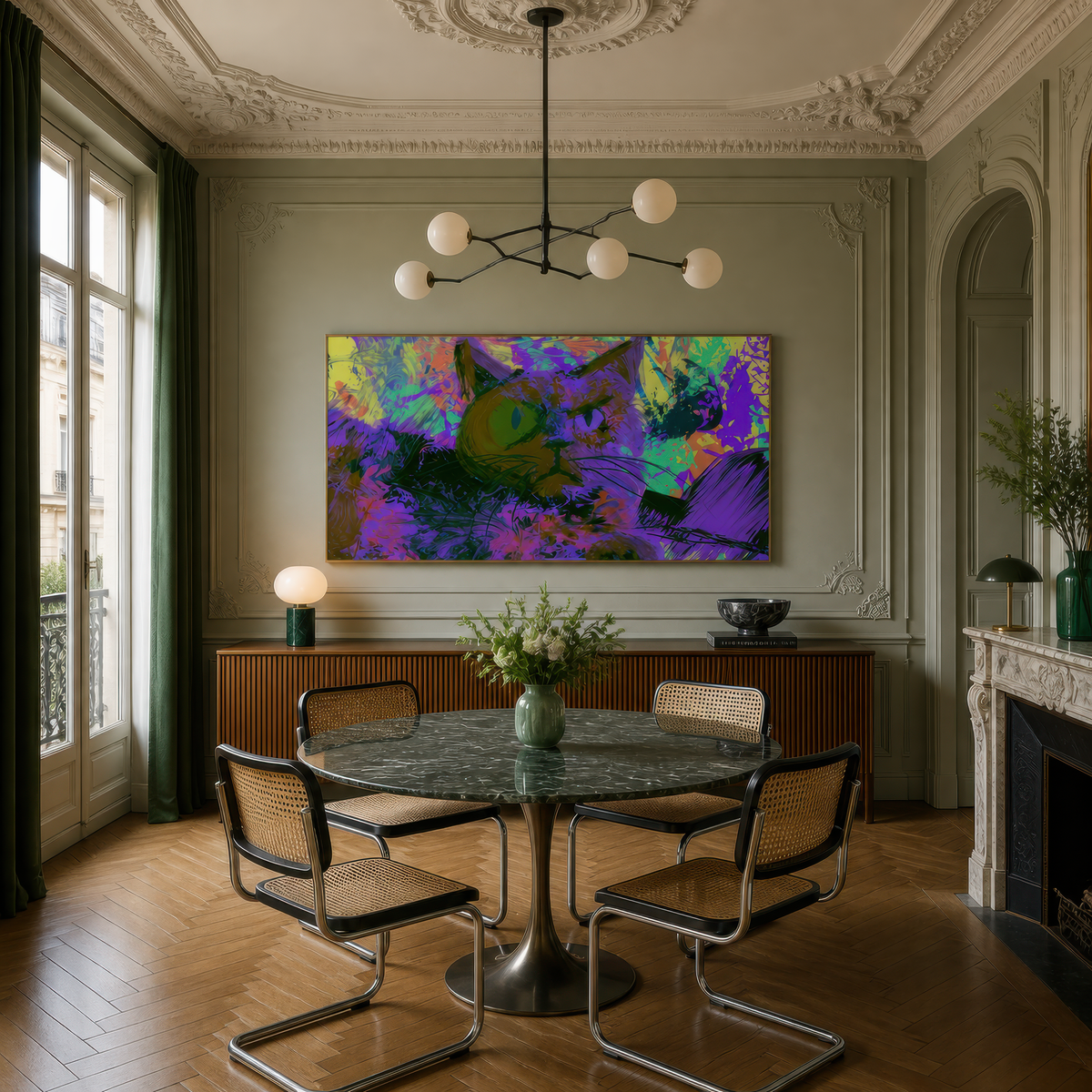 Purple and Green Cat psychedelic wall art in a dining room