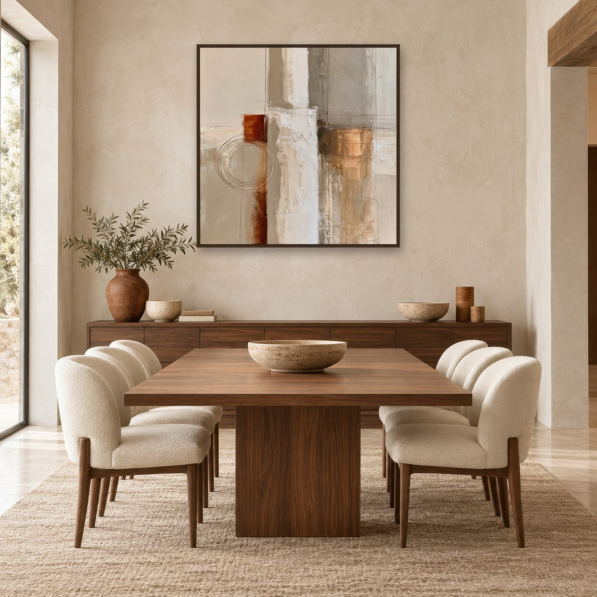 Drawn Rings and Copper Blocks Abstract earthy abstract wall art in a dining room
