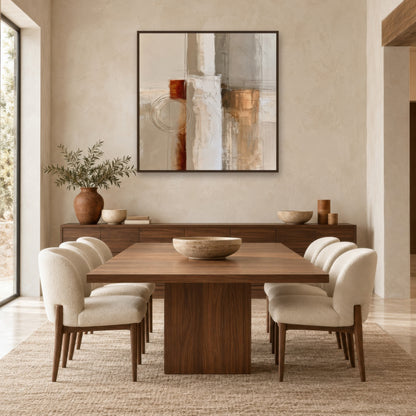 Drawn Rings and Copper Blocks Abstract earthy abstract wall art in a dining room