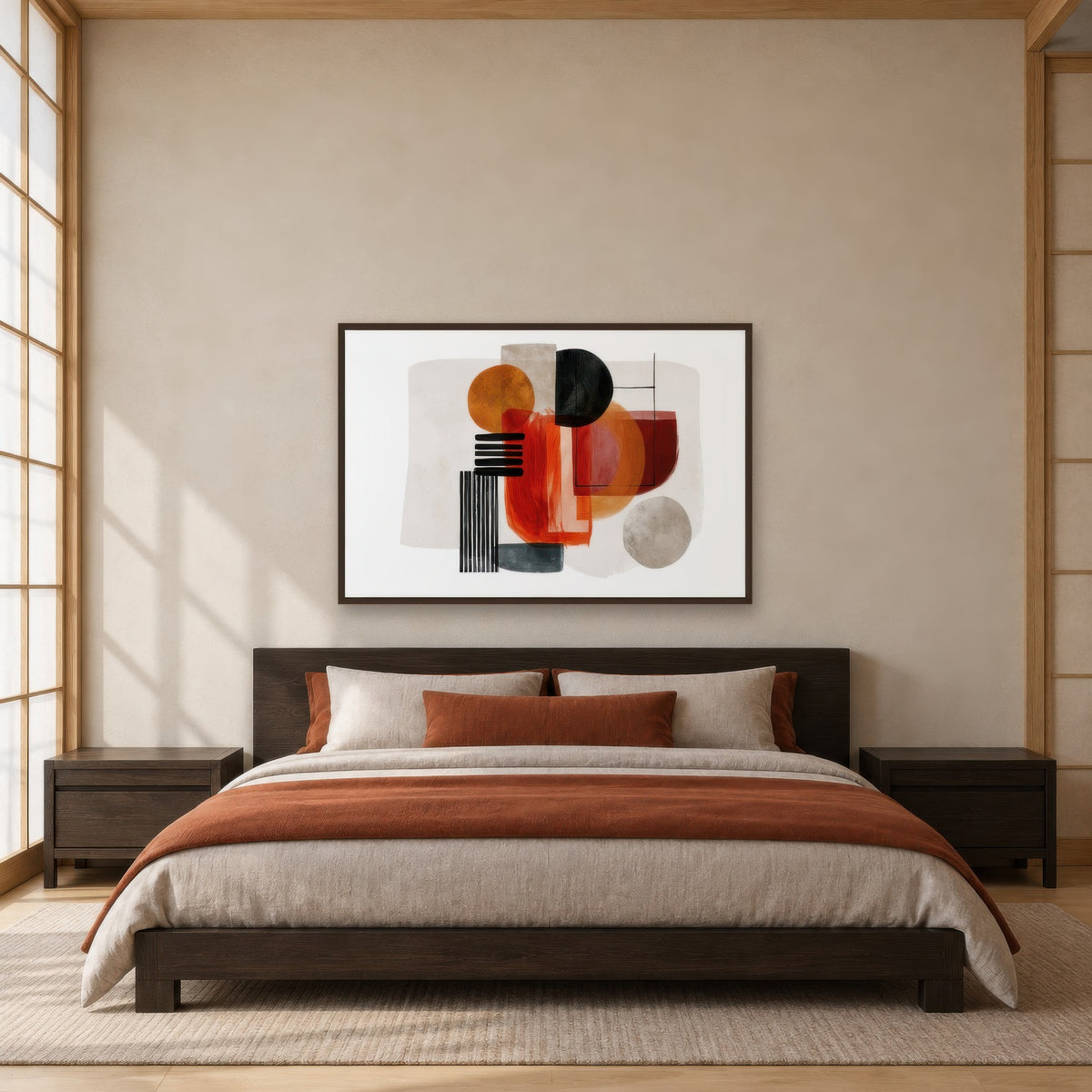 Bold Shapes in Terracotta japandi wall art in a bedroom