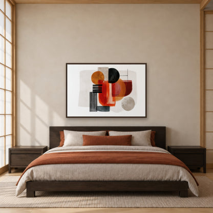 Bold Shapes in Terracotta japandi wall art in a bedroom