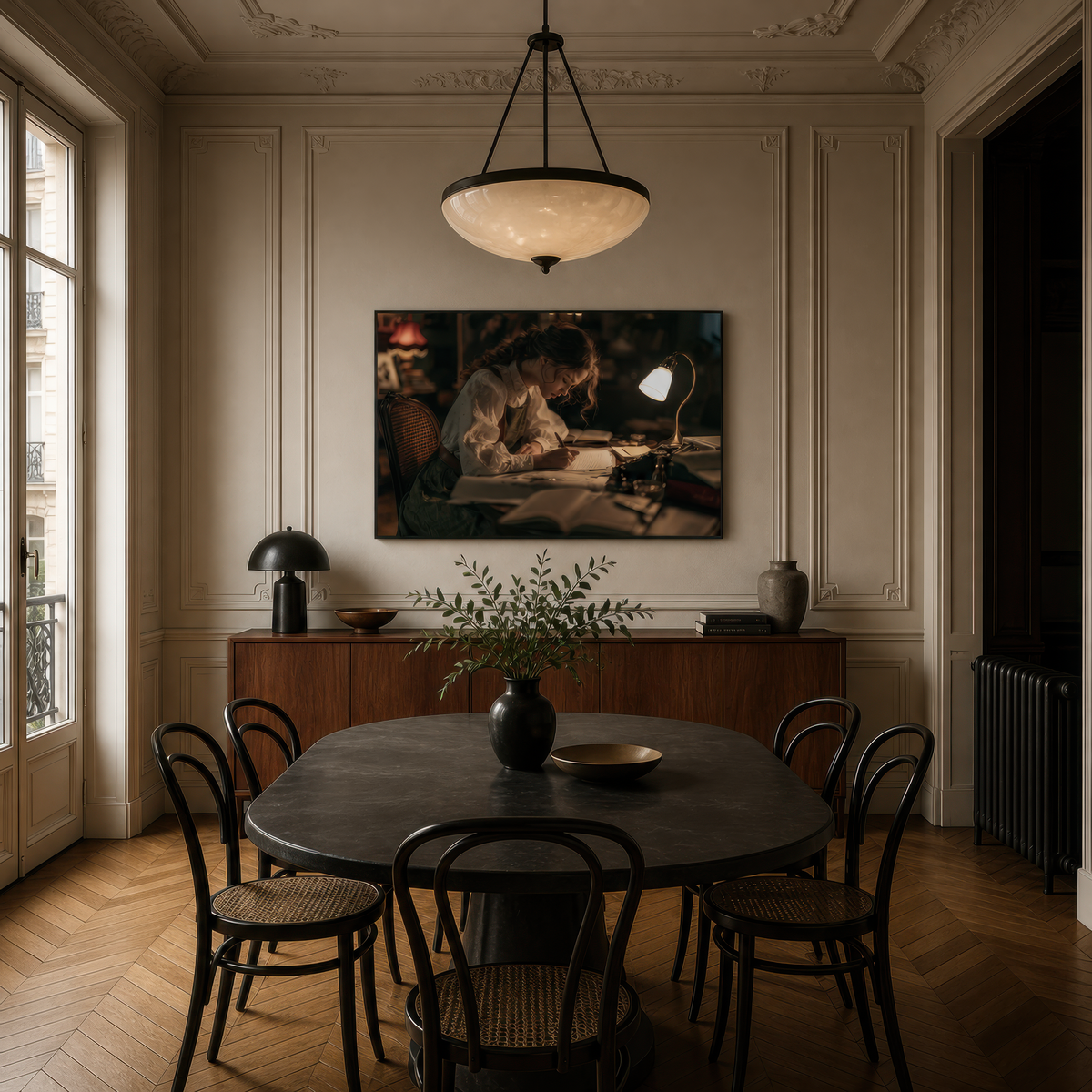 Letters by lamplight above a round black dining table with bentwood chairs and a dome light