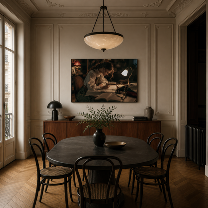 Letters by lamplight above a round black dining table with bentwood chairs and a dome light
