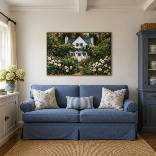 Rambling rose cottage above a blue slipcovered sofa with floral pillows and a navy cabinet