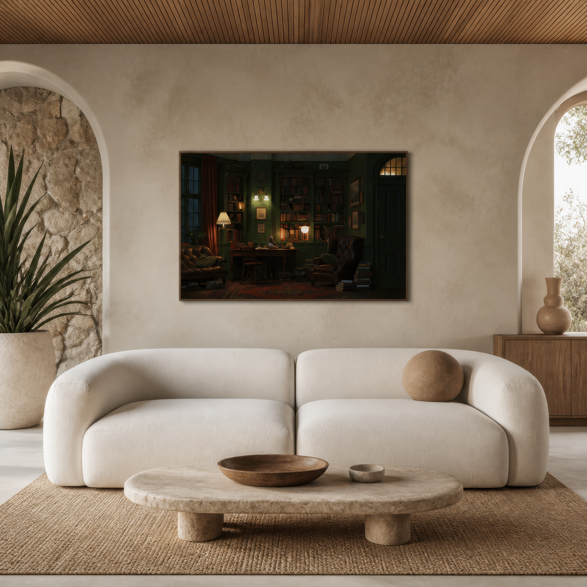 Lamplit Green Library – Dark Academia Wall Art