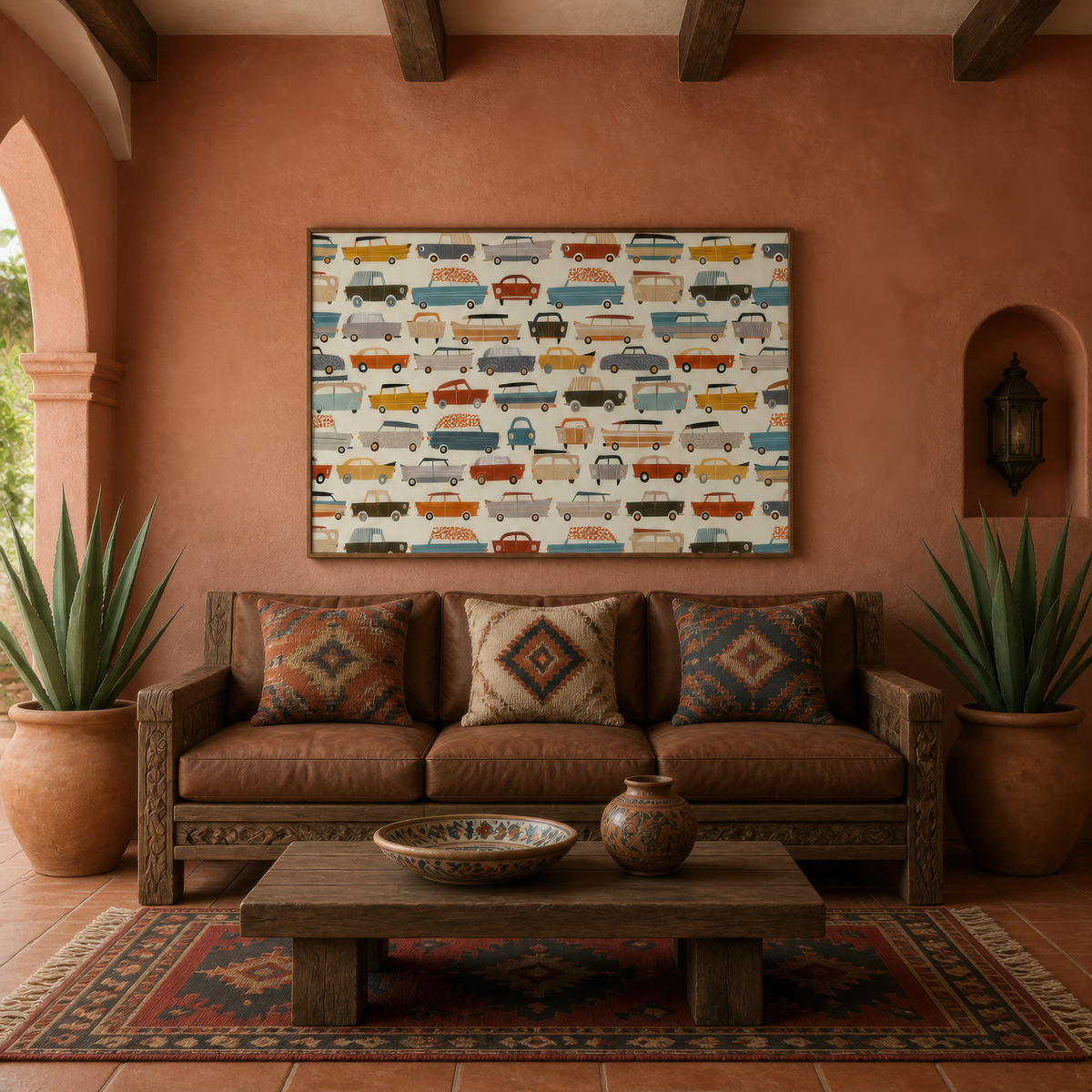 Vintage Car Grid Pattern wall art print, alternate room view