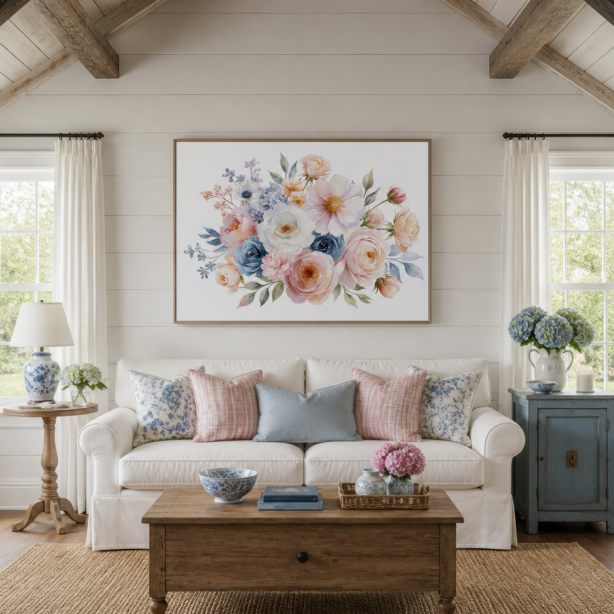 Pastel Rose Bouquet wall art print, alternate room view