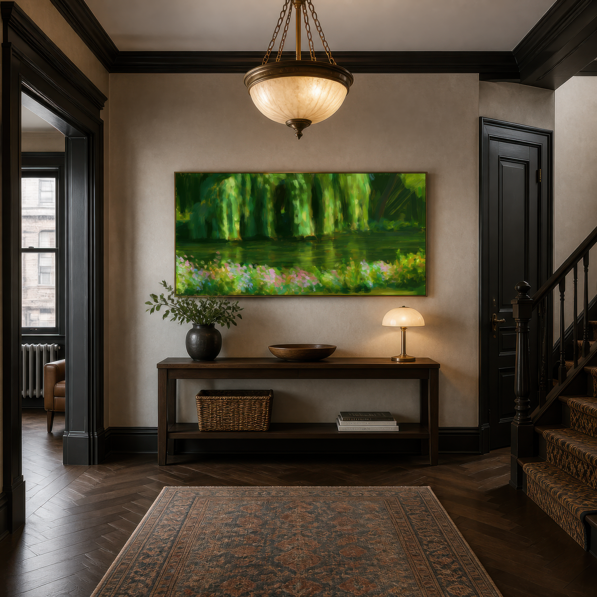 Willow Pond with Pink Blossom Bank – Impressionist Wall Art