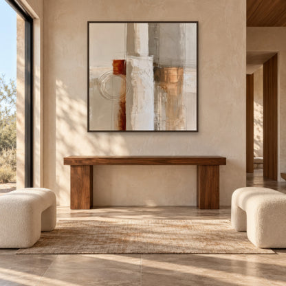 Drawn Rings and Copper Blocks Abstract earthy abstract wall art in an entryway