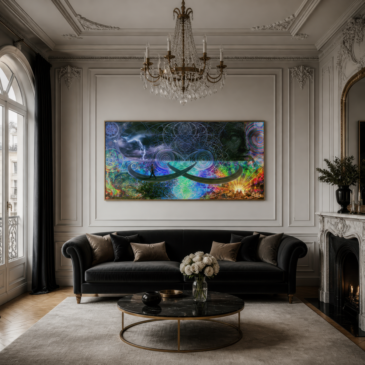 Cosmic storm mandala above a dark tufted sofa on a white panelled wall with a chandelier