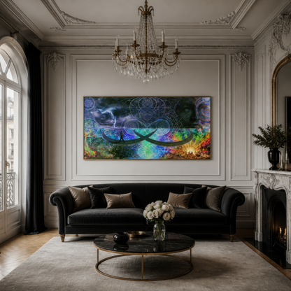 Cosmic storm mandala above a dark tufted sofa on a white panelled wall with a chandelier