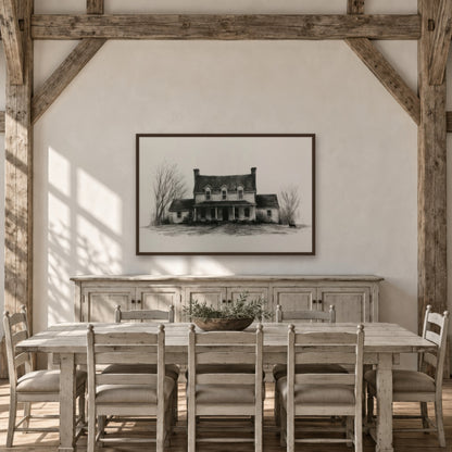 Farmhouse in Winter Sketch farmhouse wall art in a dining room