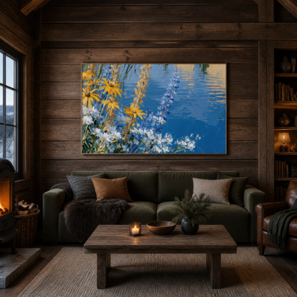 Wildflowers by the water above a dark green sofa on a timber plank wall with a wood table