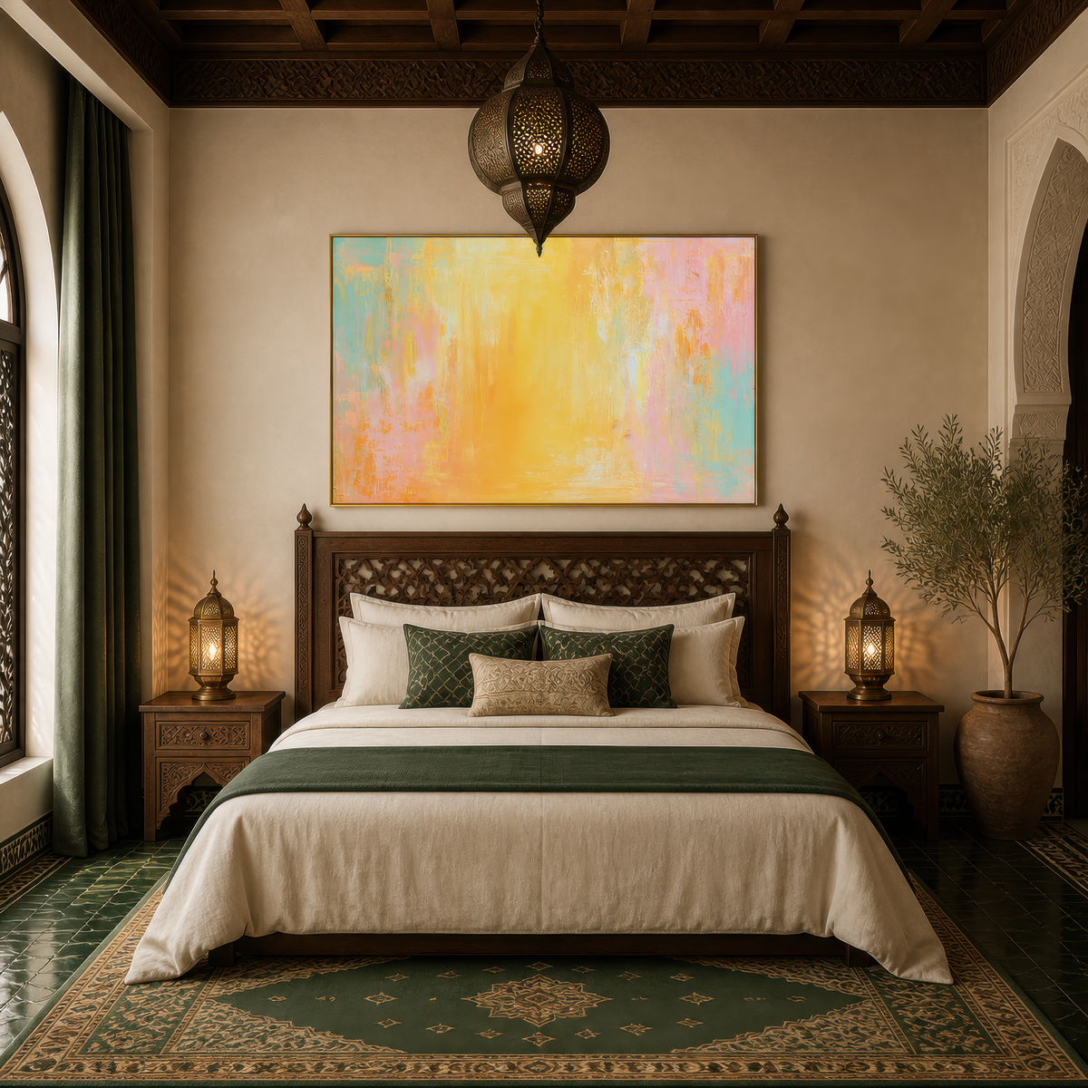 Large golden yellow, pink and mint abstract artwork above a bed with a carved wooden headboard
