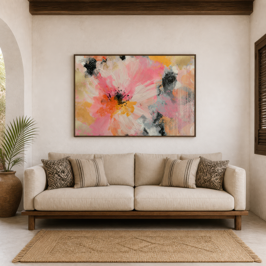 Pink and gold abstract bloom above a cream sofa in a plaster room with a jute rug