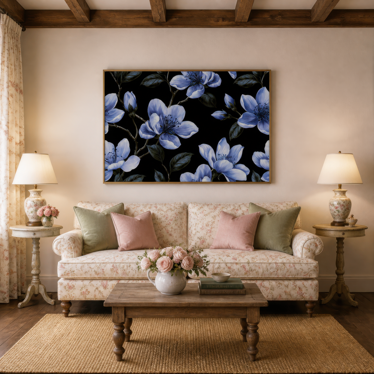 Periwinkle Blossom Pattern on Black – Watercolor Floral Wall Art