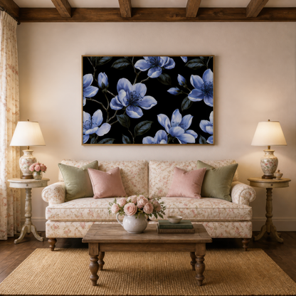 Periwinkle Blossom Pattern on Black wall art print staged in a room