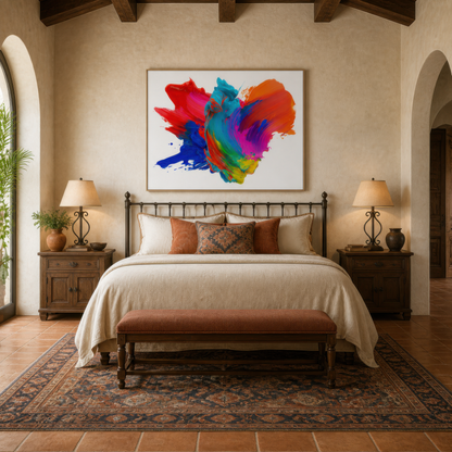 Rainbow splash burst above an iron bed with cream bedding and a rust throw