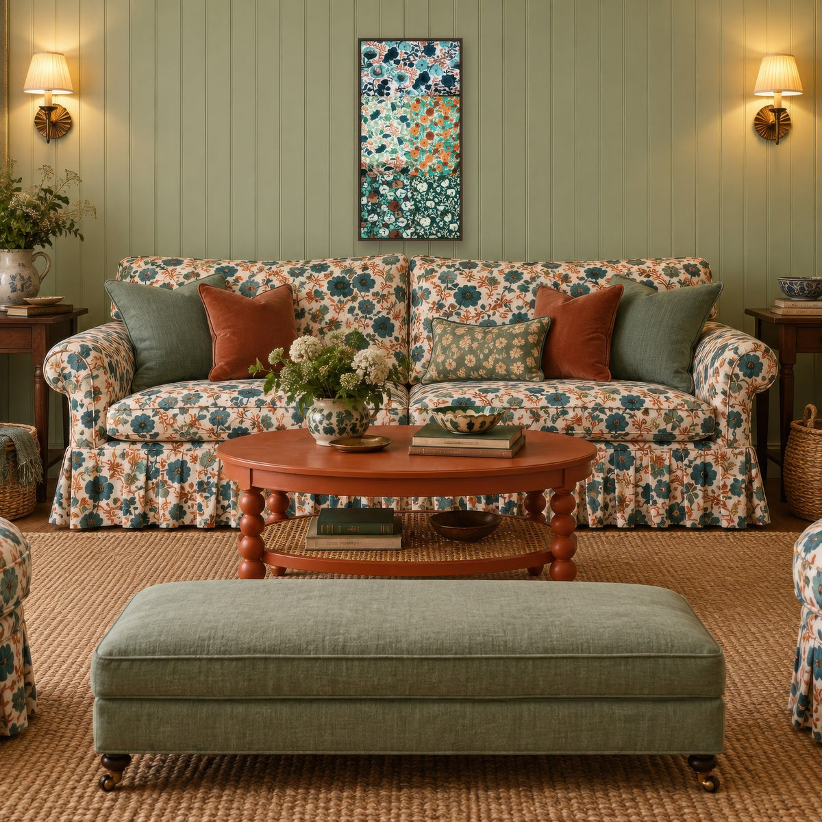 Teal and Rust Floral Patchwork vintage illustration wall art in a living room