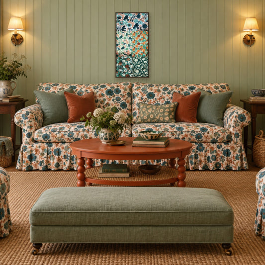 Teal and Rust Floral Patchwork vintage illustration wall art in a living room