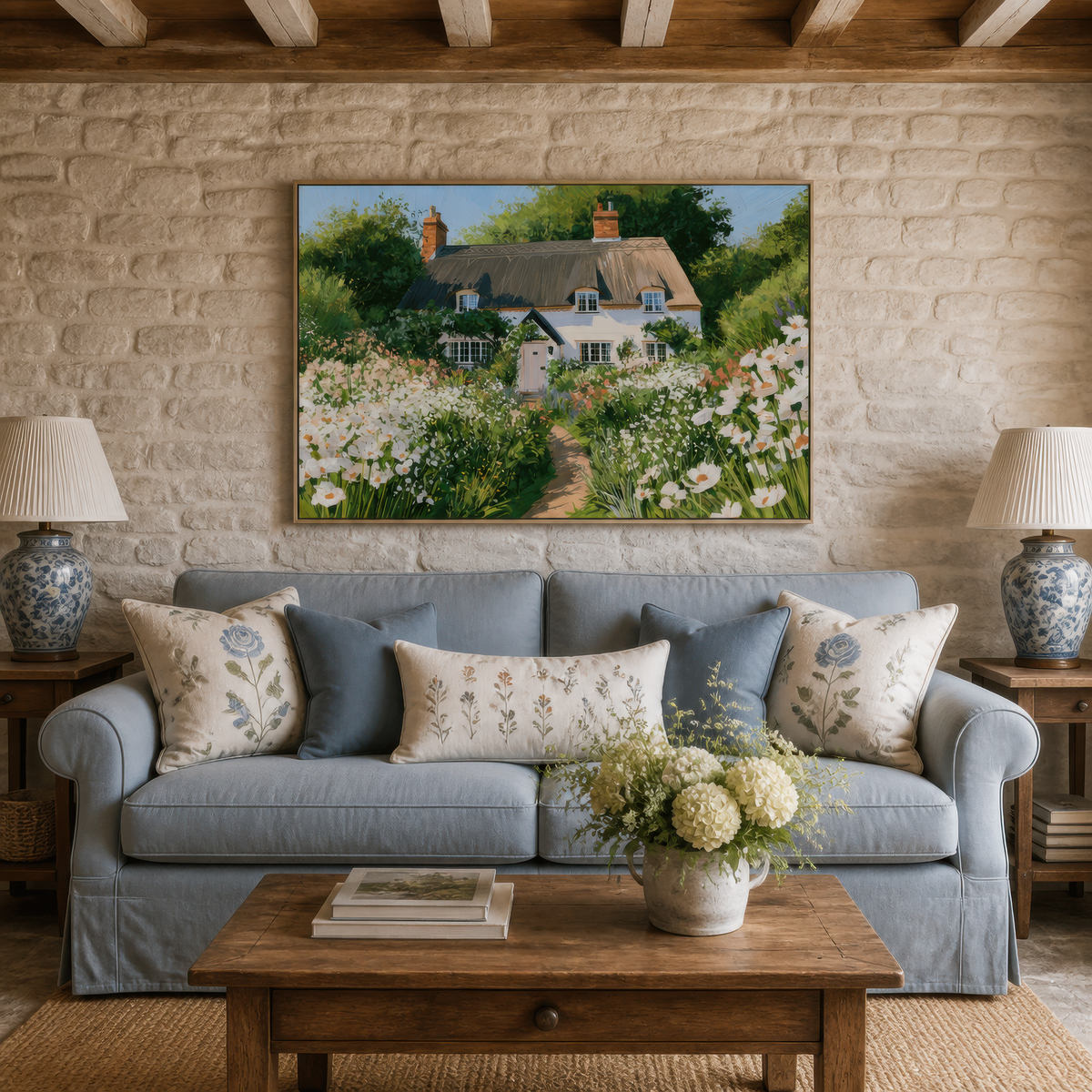 Daisy path cottage above a pale blue sofa with floral pillows on a light brick wall