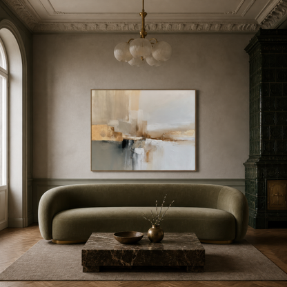 Large gray and gold abstract artwork above an olive curved sofa with a marble coffee table