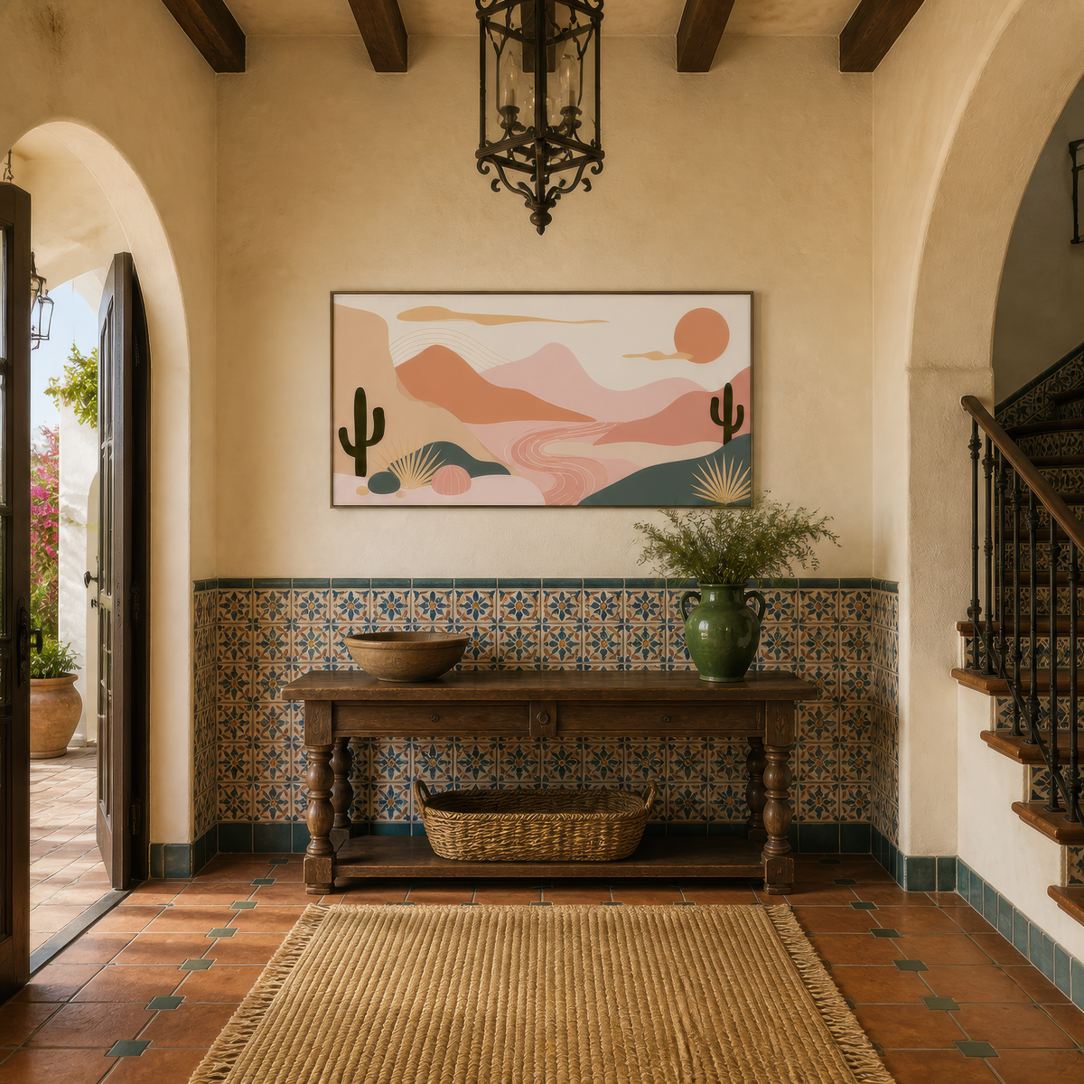 Desert sunset illustration above a wood console in an entryway with a tiled dado and arch