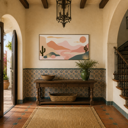 Desert sunset illustration above a wood console in an entryway with a tiled dado and arch
