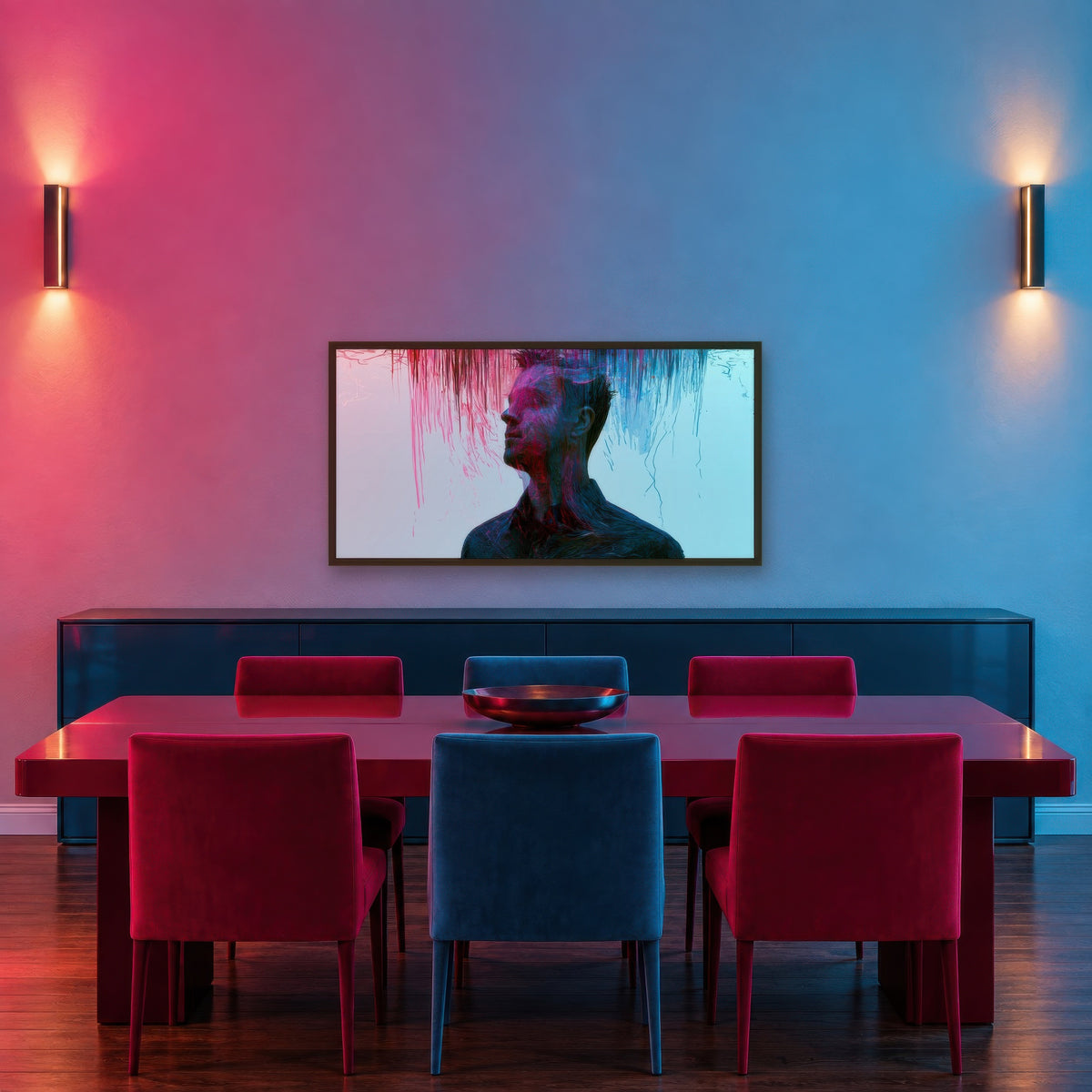 Color Drip Profile in Pink and Teal abstract portrait wall art in a dining room