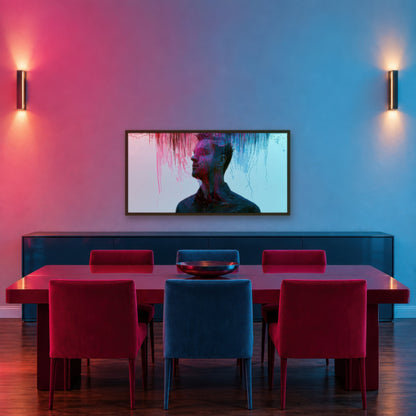 Color Drip Profile in Pink and Teal abstract portrait wall art in a dining room