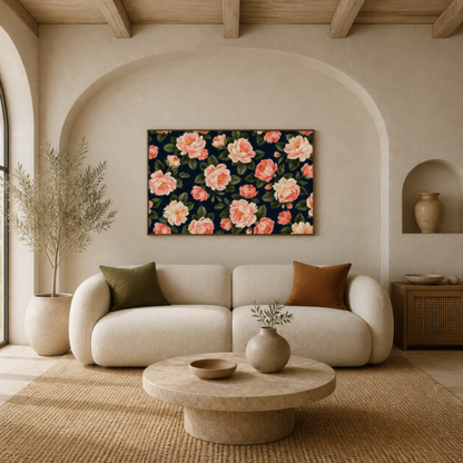 Peach Peony Pattern on Navy wall art print, alternate room view