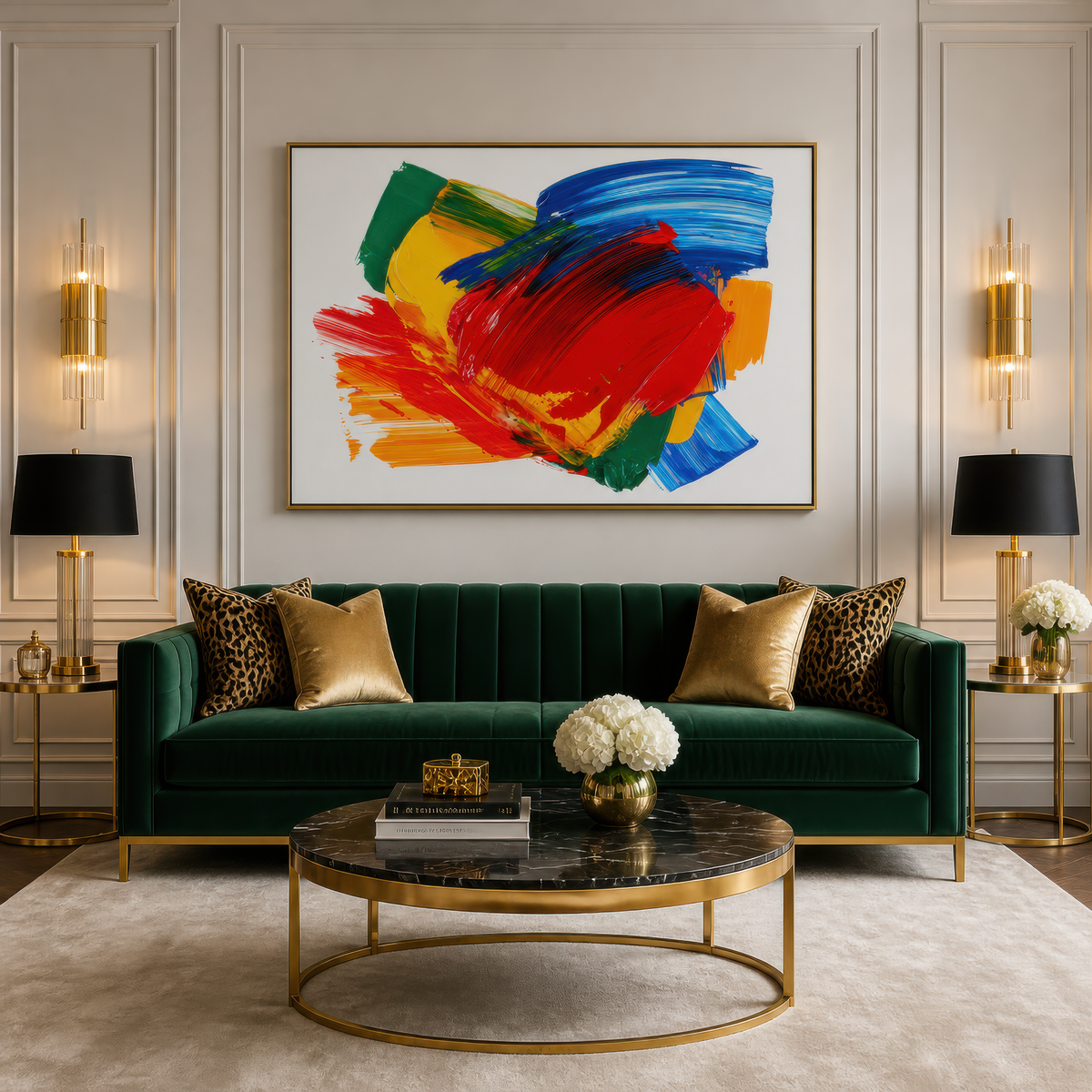 Vivid frequency above a dark green velvet sofa with gold pillows and brass sconces