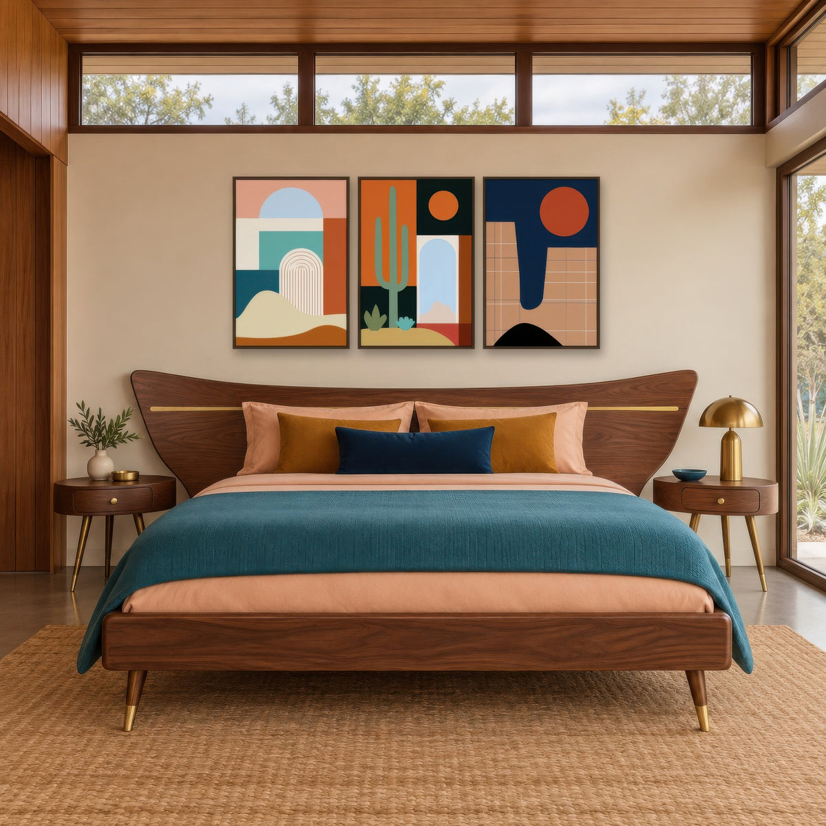 Abstract Arch and Dune Illustration mid-century modern wall art in a bedroom