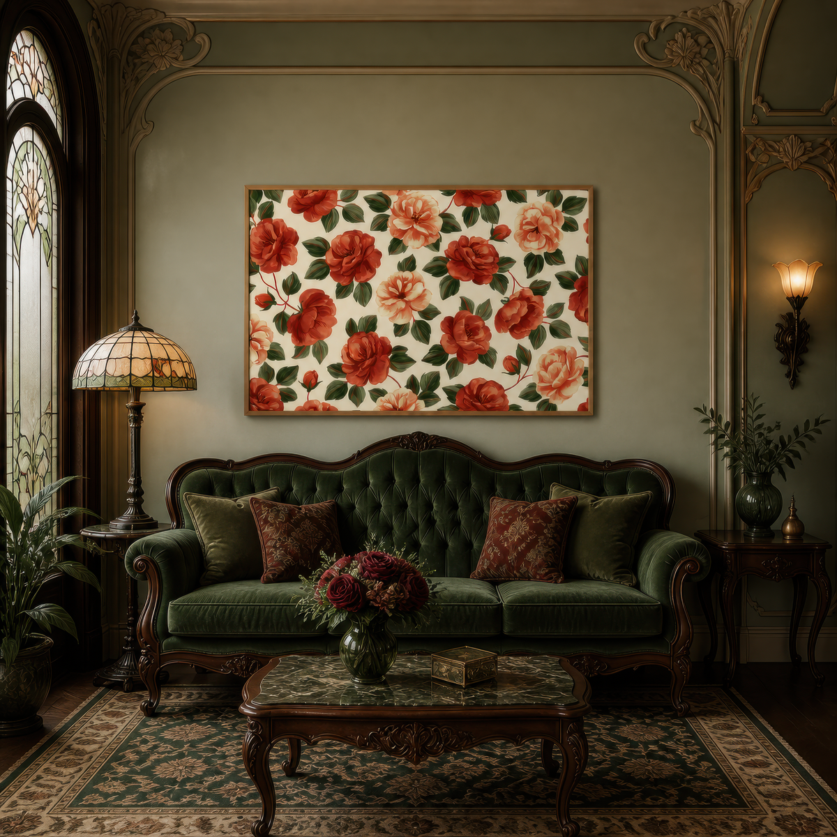Rust Rose Pattern on Cream wall art print, alternate room view